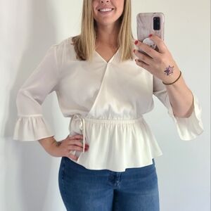 Ann Taylor Factory Cream Silk Wrap Top Blouse